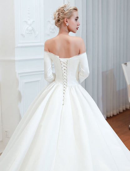 3/4 Sleeve Satin Aline Wedding Dress With Chapel Train