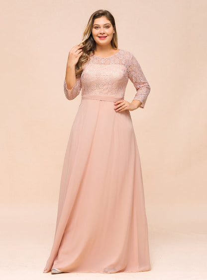 3/4 Sleeves Floral Lace Chiffon A-line Bridesmaid Dress Dusty Rose