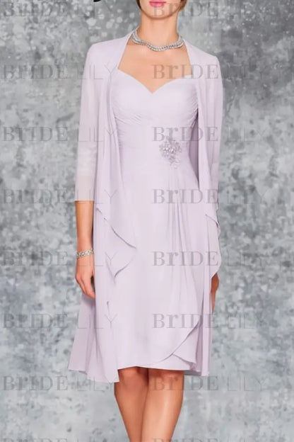 3/4 Sleeves Knee Length Ruffle Chiffon Mother of the Bride Outfits with Lace