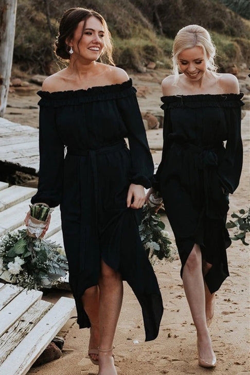 High-Low Off Shoulder Long Sleeves Black Bridesmaid Dress with Ribbon