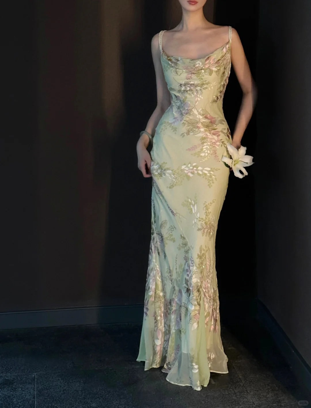 Vintage Light Green Printed Mermaid Strap Chiffon Long Prom Dress Evening Dress cc5275