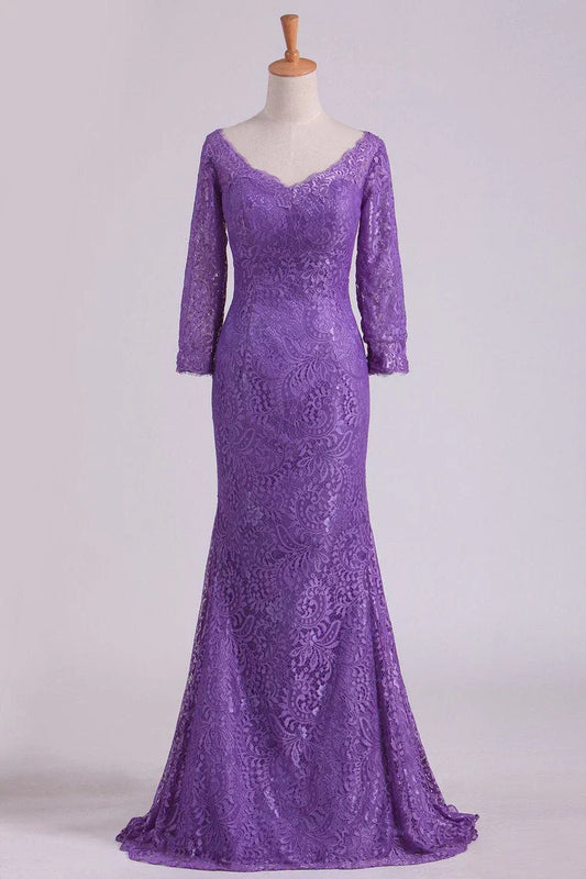 Mermaid V Neck 3/4 Length Sleeve Lace Floor Length Mother Of The Bride Dresses