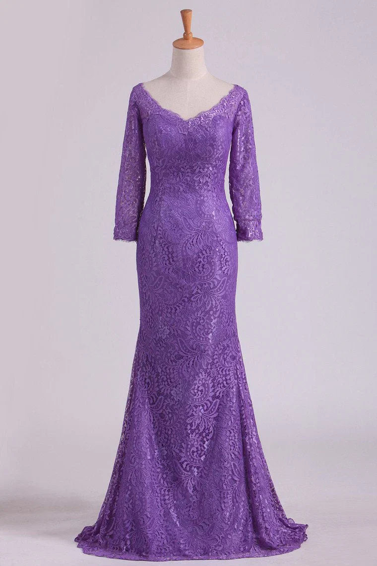Mermaid V Neck 3/4 Length Sleeve Lace Floor Length Mother Of The Bride Dresses