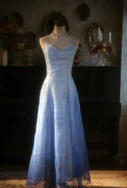 Vintage Gradient Light Blue A-line Spaghetti Strap Beaded Tulle Long Prom Dress Evening Dress cc5384