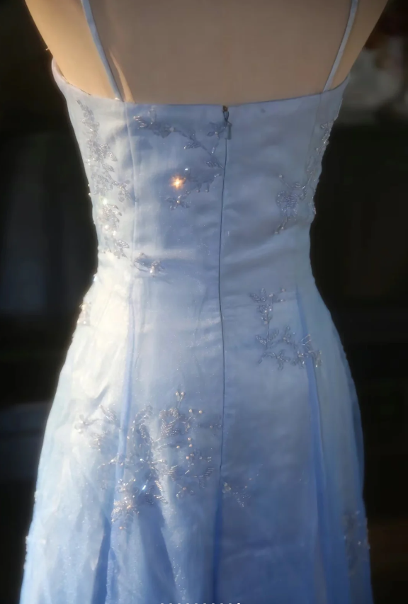 Vintage Gradient Light Blue A-line Spaghetti Strap Beaded Tulle Long Prom Dress Evening Dress cc5384