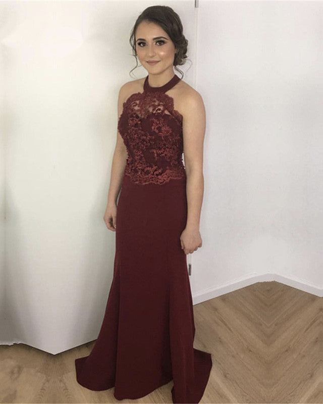 Lace Halter Backless Satin Floor Length Prom Dresses