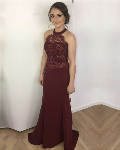 Lace Halter Backless Satin Floor Length Prom Dresses