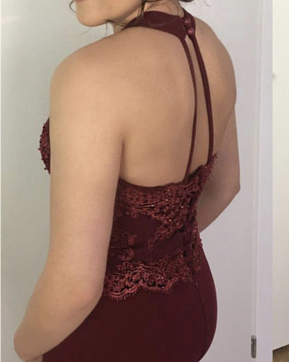 Lace Halter Backless Satin Floor Length Prom Dresses