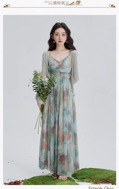 Vintage Fashion Floral Print Design Long-sleeved Cardigan A-line Long Spaghetti Strap Dress HZ1024