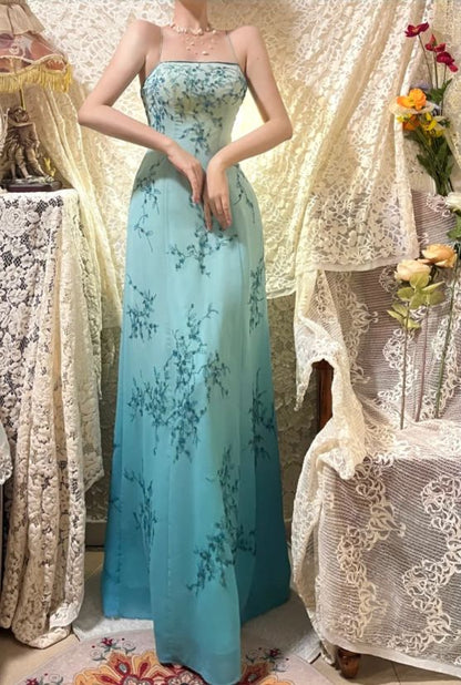Vintage Gradient Blue Beaded Evening Gown Sheath Spaghetti Strap Party Dress Long Formal Dress HZ1024