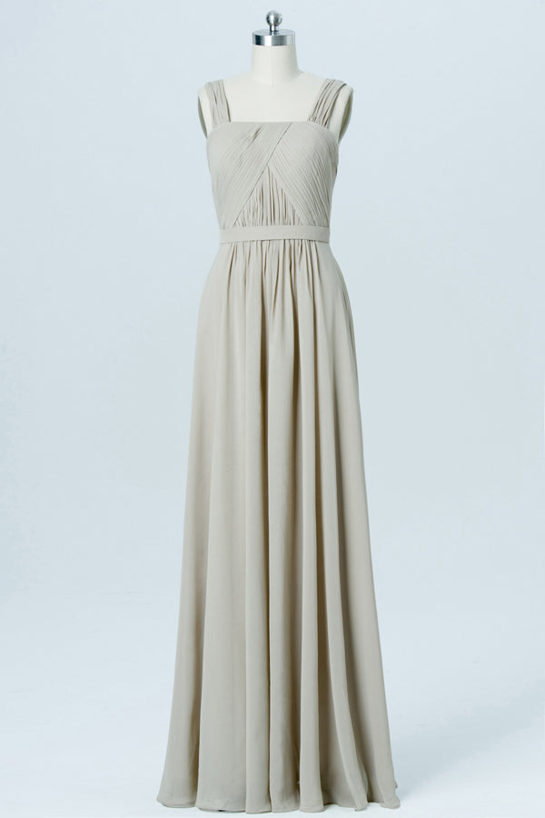Grey Chiffon Wide Straps Banded Waist Bridesmaid Dress
