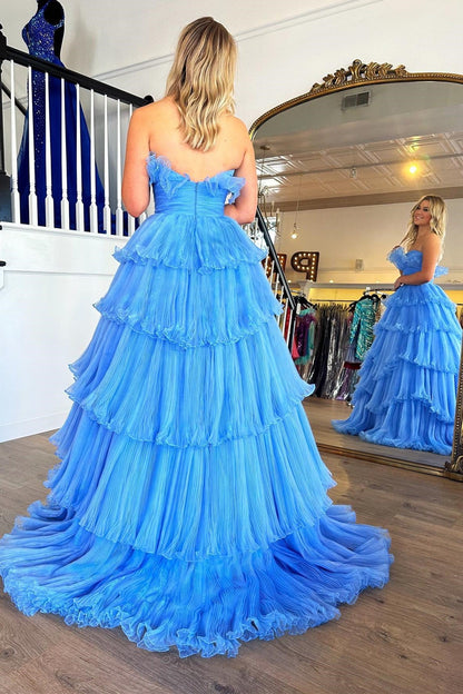 Strapless Banded Waist Tiered Long Prom Gown with Ruffles