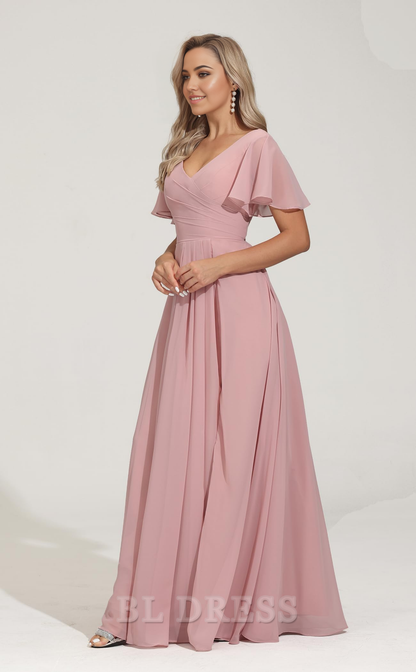 A-line V Neck Short Sleeves Chiffon Pleated formal dresses Bridesmaid Dresses evening gown Prom Dress with Slit