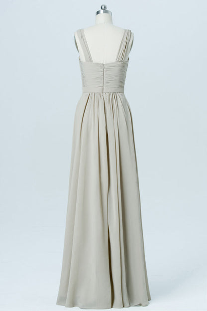 Grey Chiffon Wide Straps Banded Waist Bridesmaid Dress
