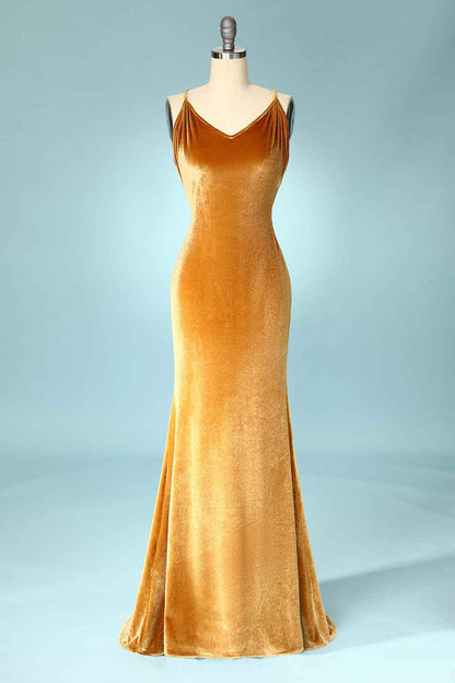 Gold Velvet Cross-Back Mermaid Bridesmaid Dress