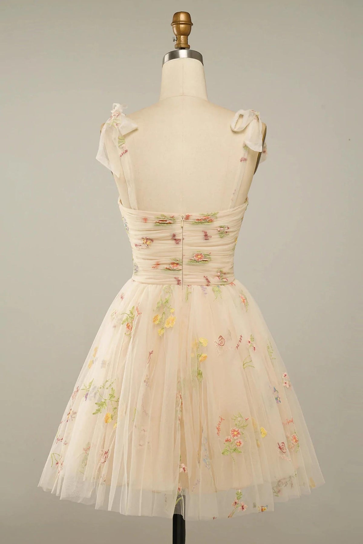 Nude Floral Print A-Line Short Homecoming Dress