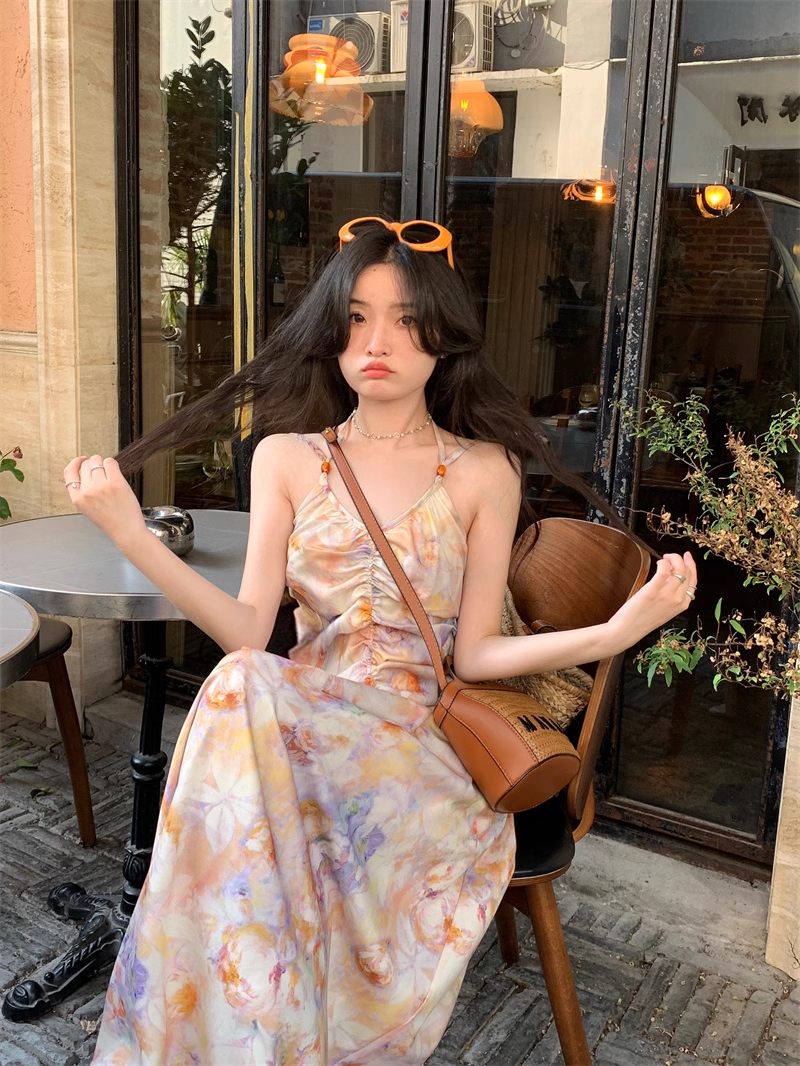 New Simple Fashion Floral Design A-Line Beach Holiday Halter Dress HZ1024