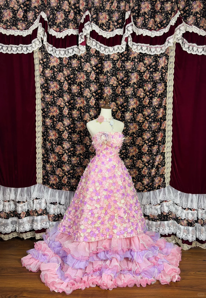 Gorgeous Applique Floral Sweet 16 Quinceanera Strapless A-Line Floor-length Tiered Prom Dress Evening Dress Ball Gown HZ1024