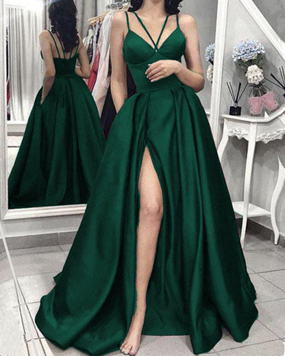 Spaghetti Straps V-neck Long Satin Split Prom Dresses