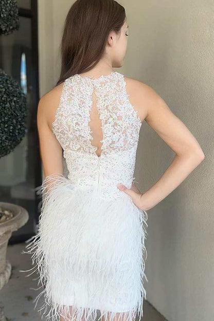 Feathers Lace Crew-Neck Bodycon Short Party Dress