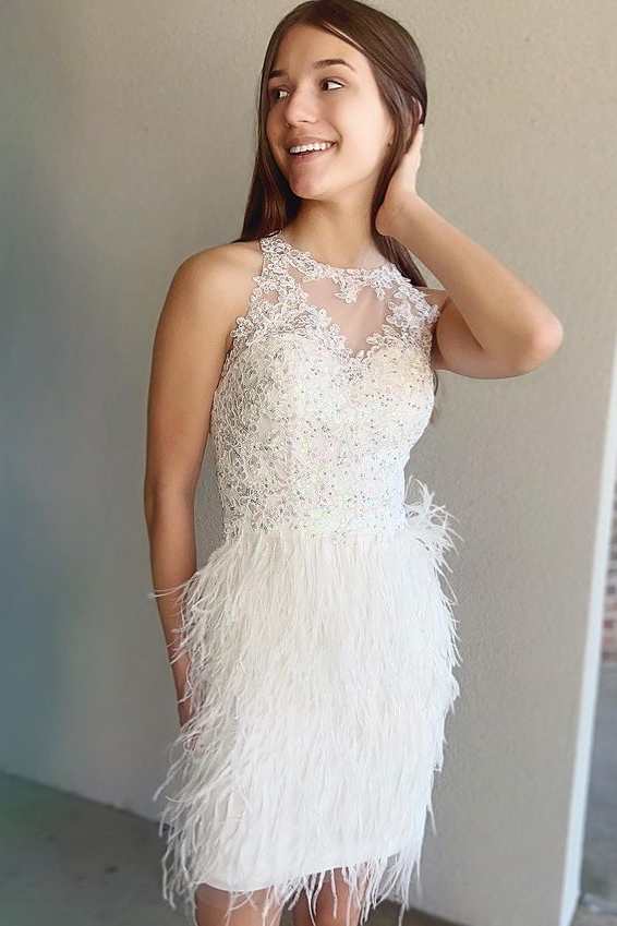 Feathers Lace Crew-Neck Bodycon Short Party Dress