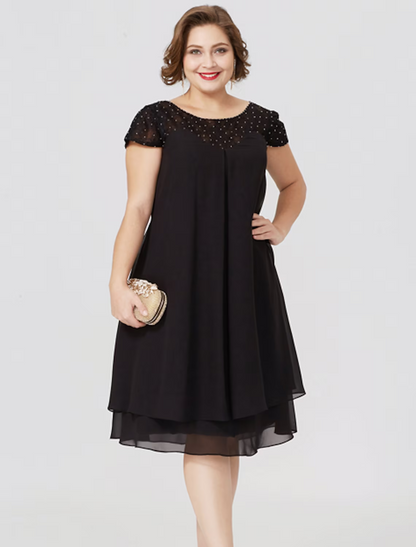 Mother of the Bride Dress Formal Little Black Dress Plus Size Knee Length Chiffon Lace Short Sleeve No with Pleats Beading Lace Insert