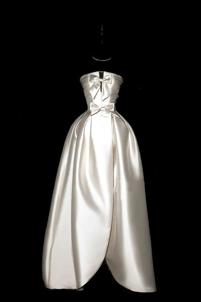 Girlhomeshops-Ivory white bow satin long wedding dress prom dress gh5389