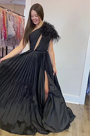 Pleated Feather One Shoulder Fuchsia Long Prom Dress