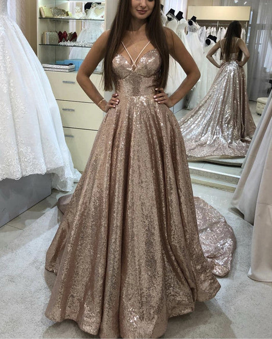 Long Sequins Criss Cross Halter Prom Dresses