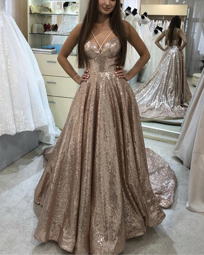 Long Sequins Criss Cross Halter Prom Dresses