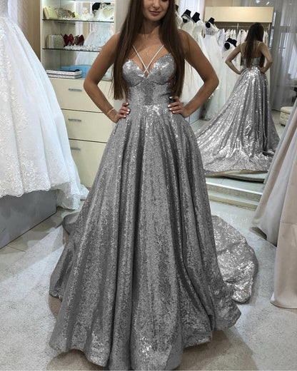 Long Sequins Criss Cross Halter Prom Dresses