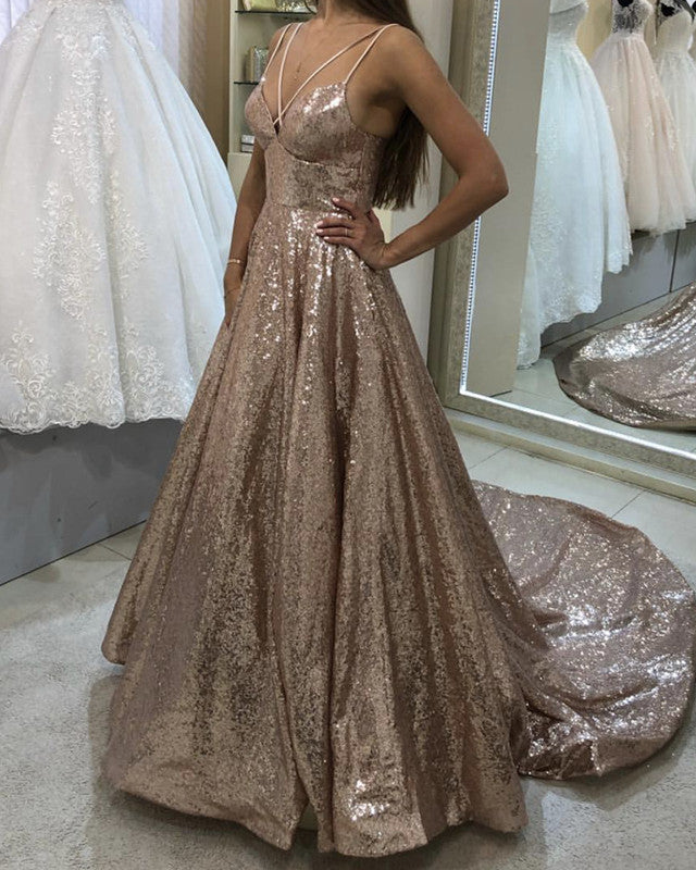 Long Sequins Criss Cross Halter Prom Dresses