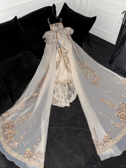 Sparkling Beige Beaded Sequined Design Elegant Mermaid Prom Dress Evening Dress HZ1024