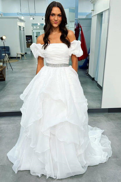 Red Off-the-Shoulder Puff Sleeve Multi-Layer Long Prom Dress