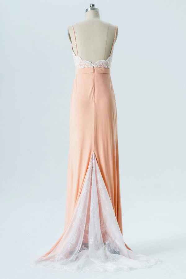Peach Chiffon Straps Bridesmaid Dress with Sweeping Train