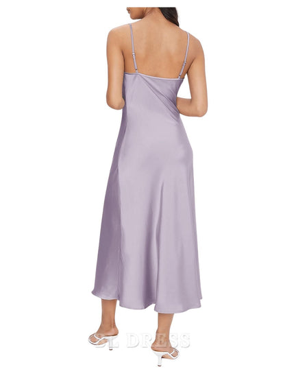 Sheath Spaghetti Strap Cowl Neck Long Slip Satin formal dresses Bridesmaid Dresses evening gown Prom Dress