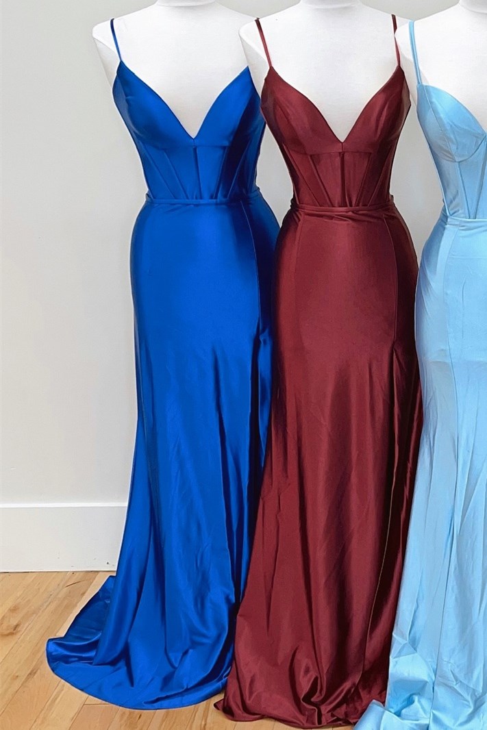 Blue V-Neck Spaghetti Strap Mermaid Long Dress with Slit