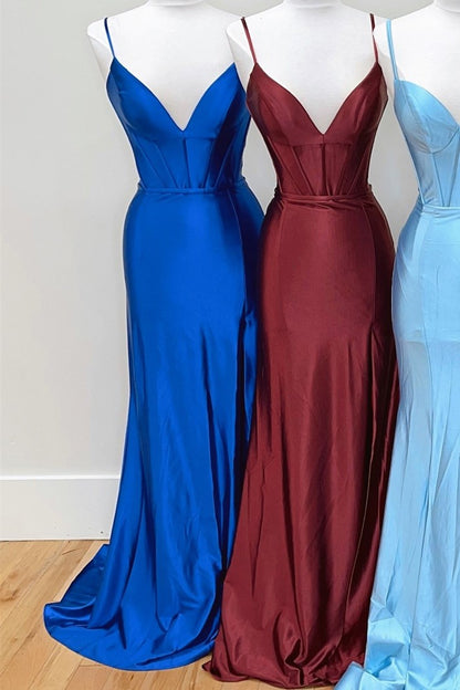Blue V-Neck Spaghetti Strap Mermaid Long Dress with Slit