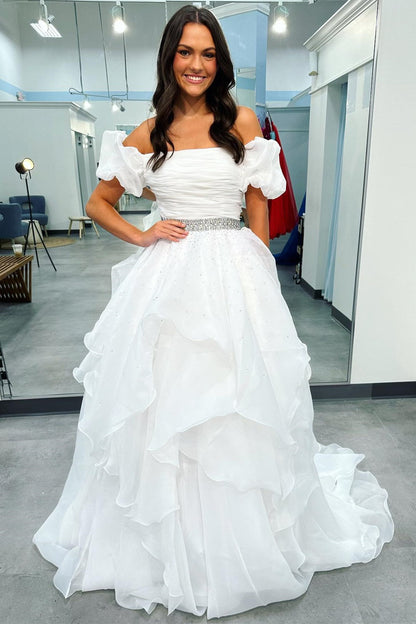 Red Off-the-Shoulder Puff Sleeve Multi-Layer Long Prom Dress