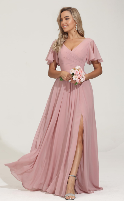 A-line V Neck Short Sleeves Chiffon Pleated formal dresses Bridesmaid Dresses evening gown Prom Dress with Slit