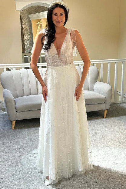 Tulle Pearls Bow Strap A-Line Bridal Gown