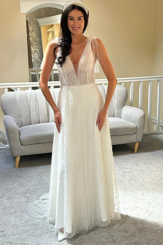 Tulle Pearls Bow Strap A-Line Bridal Gown