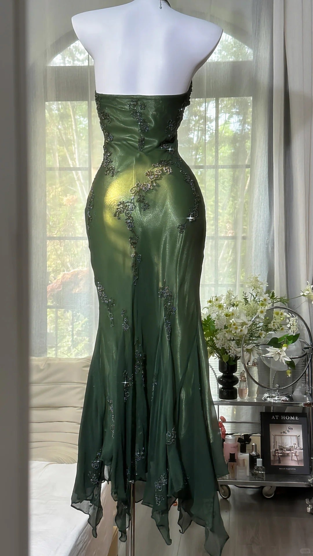 Luxury Dark Green Mermaid Bead Embroidered Chiffon Long Prom Dress Evening Dress cc5276