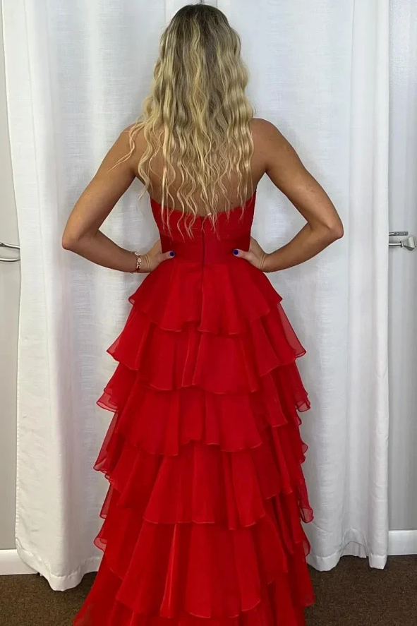 A-Line Strapless V-Neck Layered Chiffon Sleeveless Formal Prom Dress