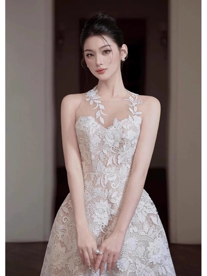 Vintage White Lace Applique Prom Dress Sheath Evening Dress Long Formal Dress HZ1024
