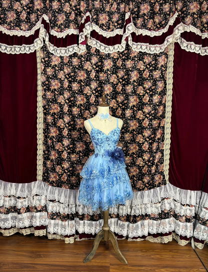Retro Blue Floral Applique A-Line Elegant Chiffon Tiered Homecoming Dress Evening Dress Prom Dresses HZ1024