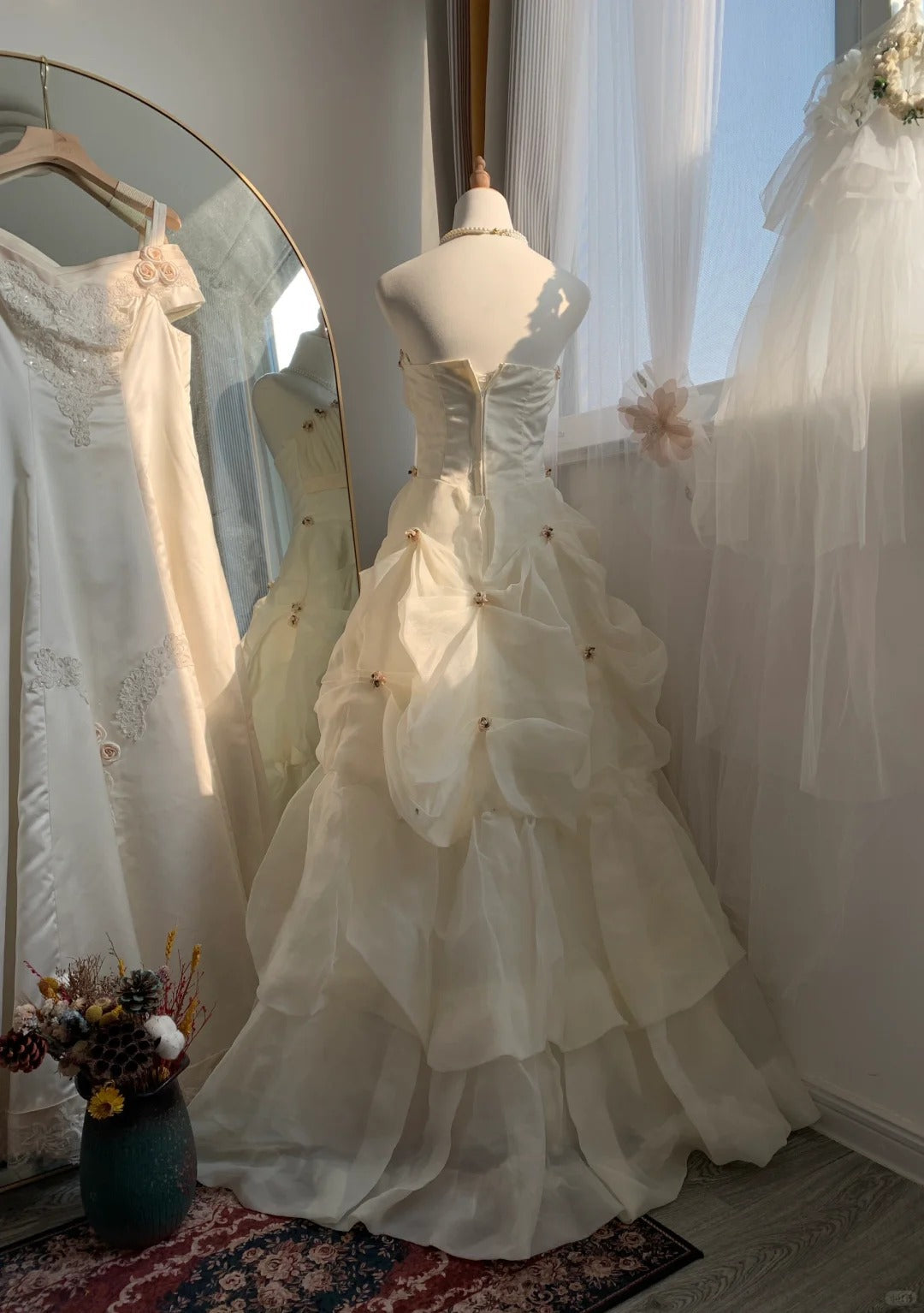 Ivory White Floral Long Floor Length Tulle Ball Gown Evening Gown Wedding Dress gh4547