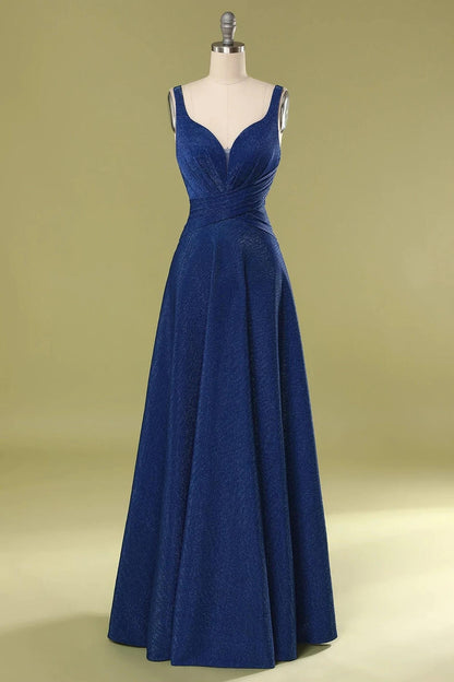 Navy Blue V-Neck Straps Gathered Long Bridesmaid Dress