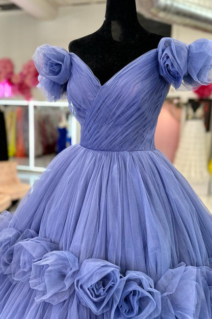 Periwinkle Tulle Off-the-Shoulder Ball Gown with Flowers