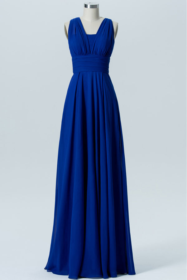 Royal Blue Chiffon Tying Back Banded Waist Bridesmaid Dress